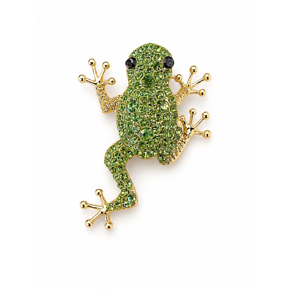 NEW Green Crystal Frog Brooch Gold Tone Rhinestone Tree Frog Pin